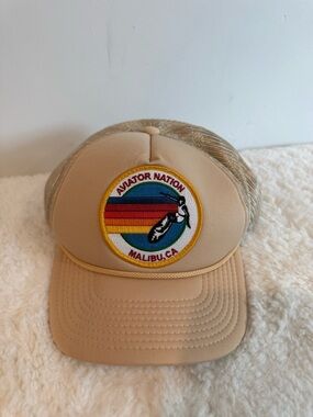 Aviator Nation Beige Trucker Hat with Rainbow Stripe Patch